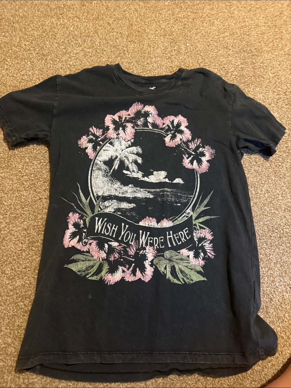 Hollister Black Graphic Tee with Pink Floral 'Wish You Were Here'